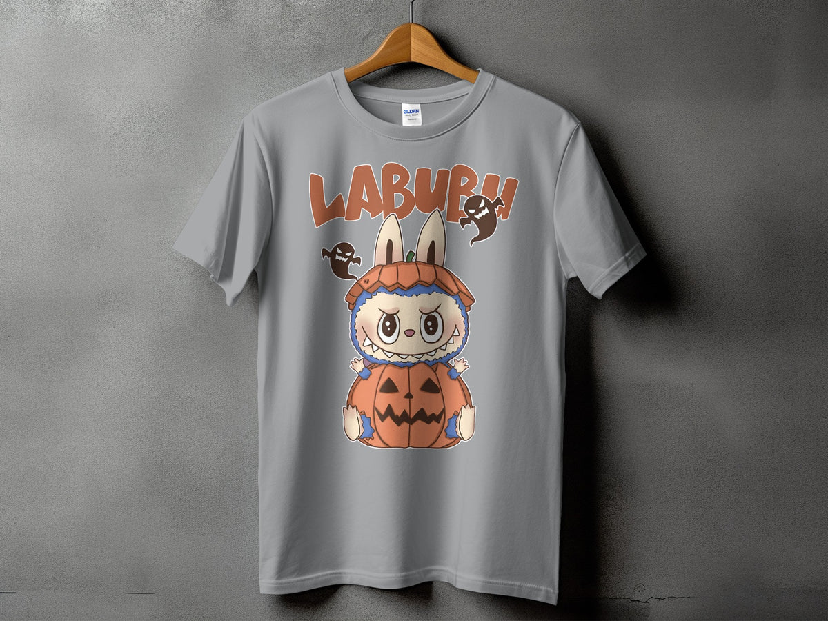 Grey t-shirt with "LABURH" text, a cartoon monster in a pumpkin, and ghosts.