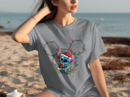Christmas Lights Mickey Ears Stitch Graphic T-shirt