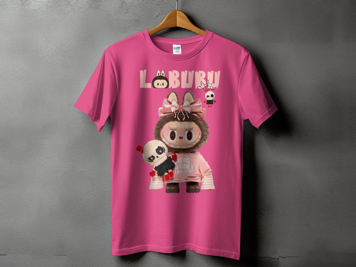 Pink t-shirt with "LO BURU" text and plush toy characters printed on front.