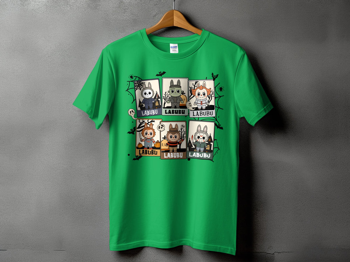 Green t-shirt with Halloween-themed characters and "LABUBU" text on a grey background.