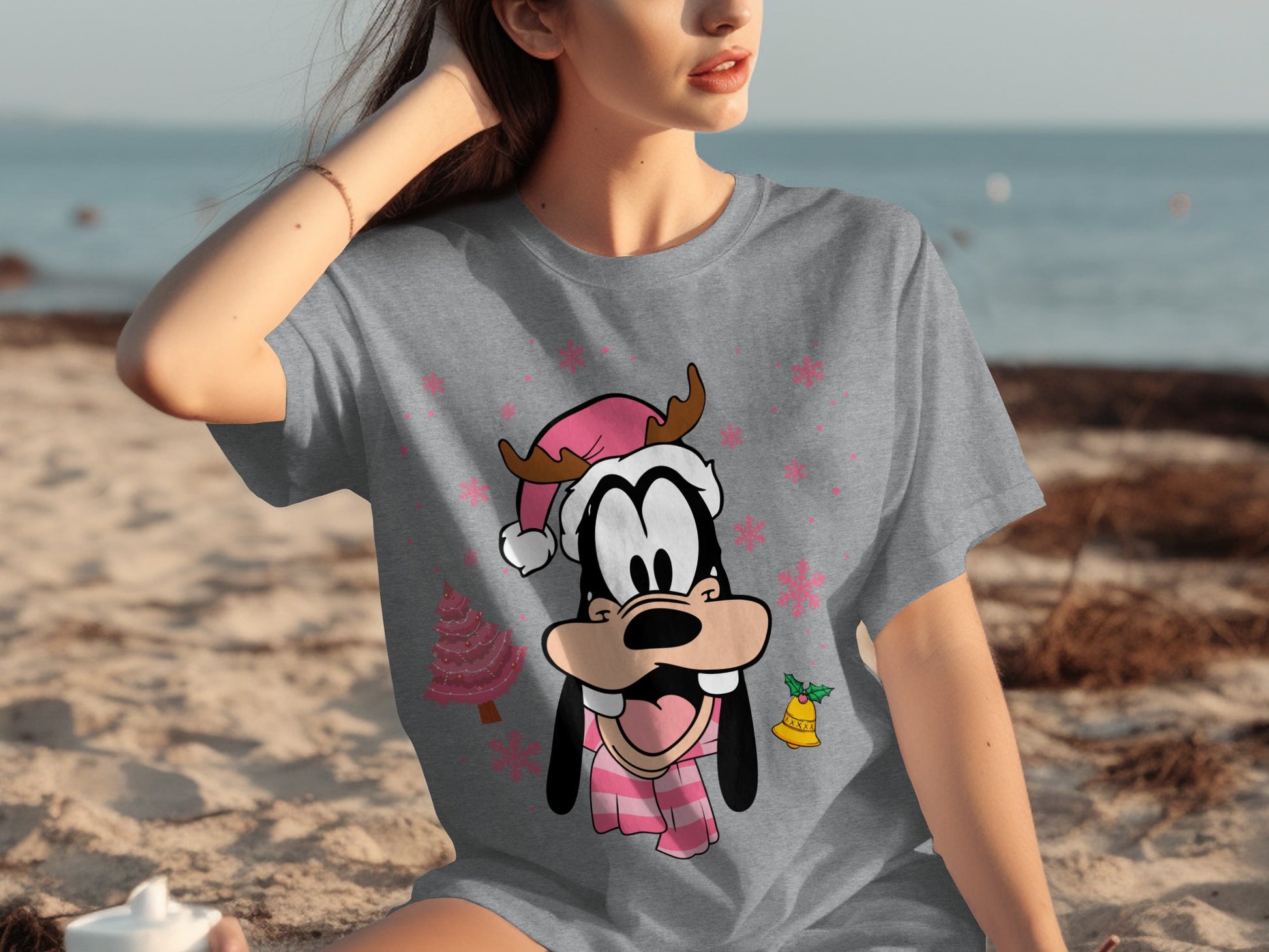 Funny Reindeer Dog Character with Pink Scarf T-Shirt