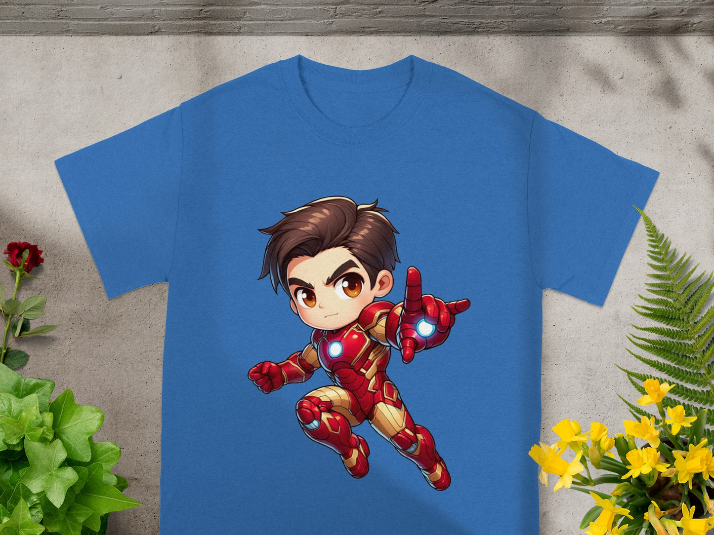 Blue t-shirt with chibi Iron Man graphic pointing forward.