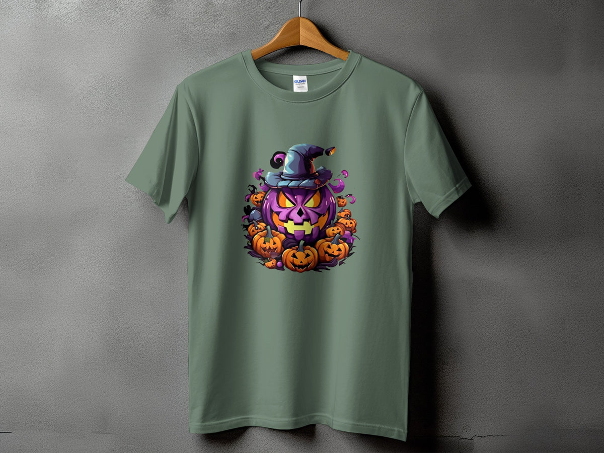 Green t-shirt with a large purple jack-o'-lantern wearing a witch hat surrounded by smaller pumpkins.