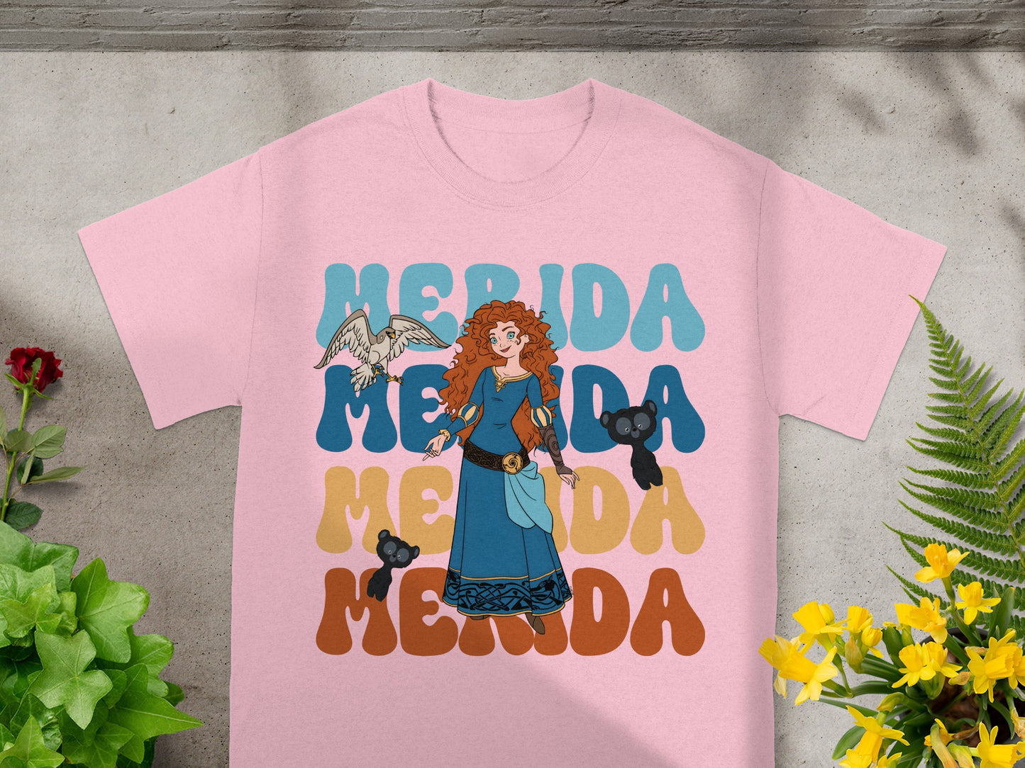 Merida from Brave with animals on a pink t-shirt.