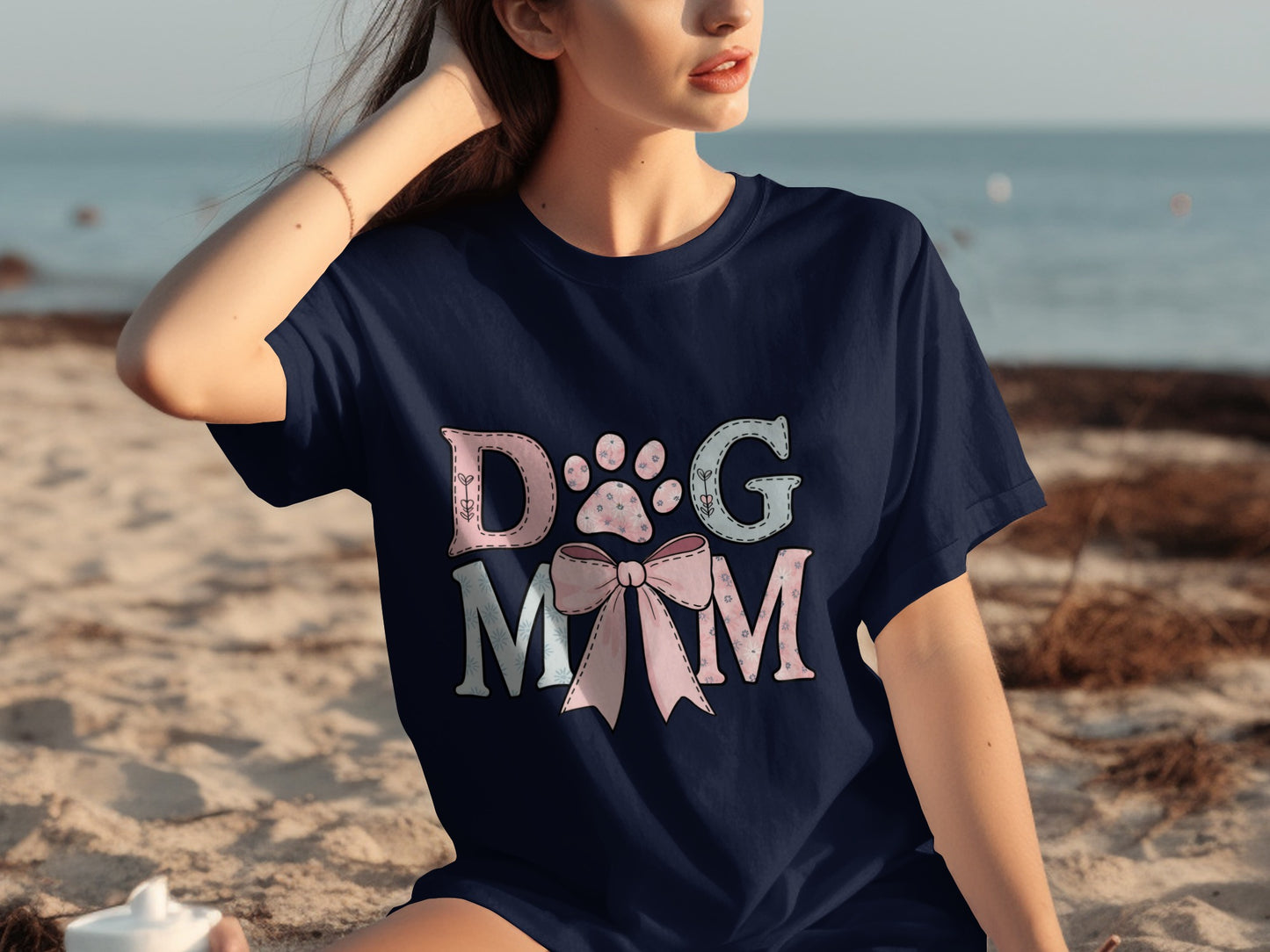 Dog Mom Graphic Tee with Paw and Bow Design