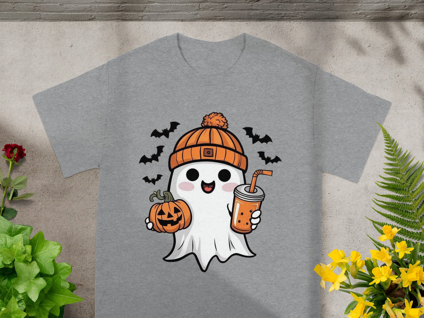 Ghost wearing a beanie holding a pumpkin and a bubble tea, with bats flying around.