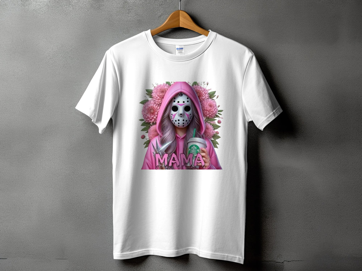 White t-shirt with pink hoodie, hockey mask, and "MAMA" text graphic.