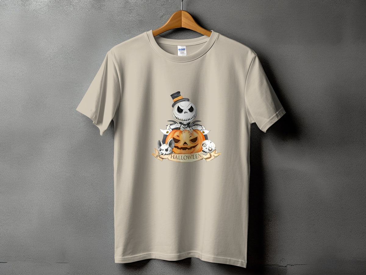 Light tan t-shirt with a Halloween graphic featuring Jack Skellington, a pumpkin, and skulls.