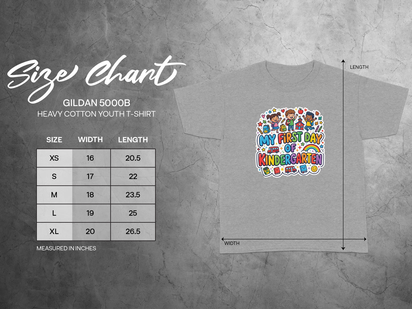 Gildan 5000B youth t-shirt size chart with width and length measurements in inches.
