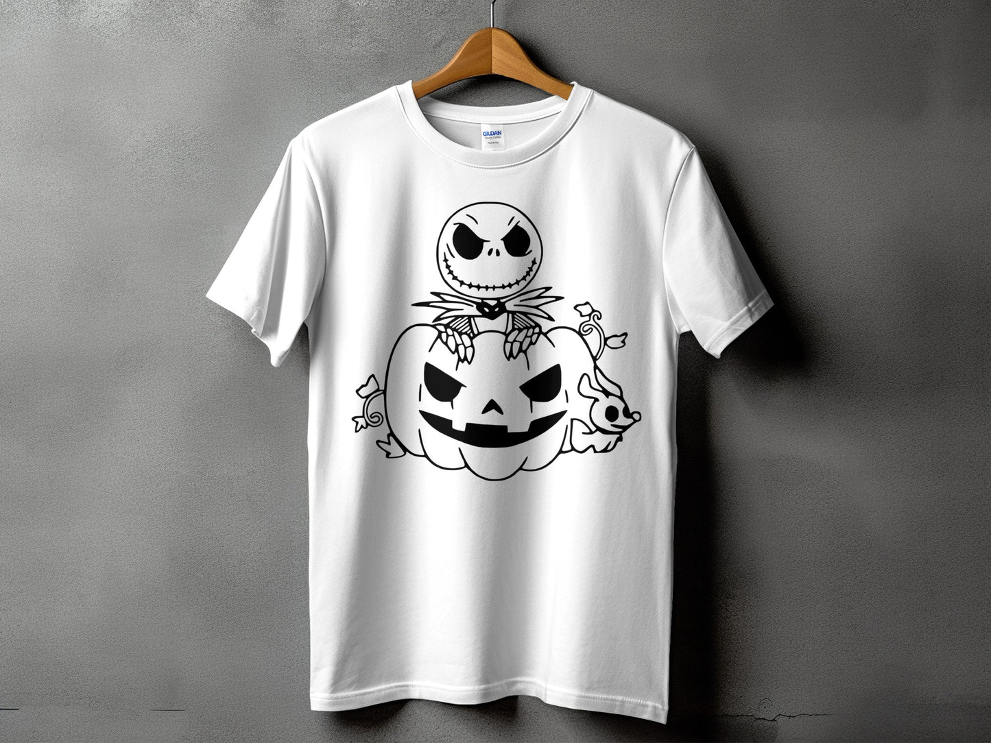 White t-shirt with black Jack Skellington and pumpkin graphic.