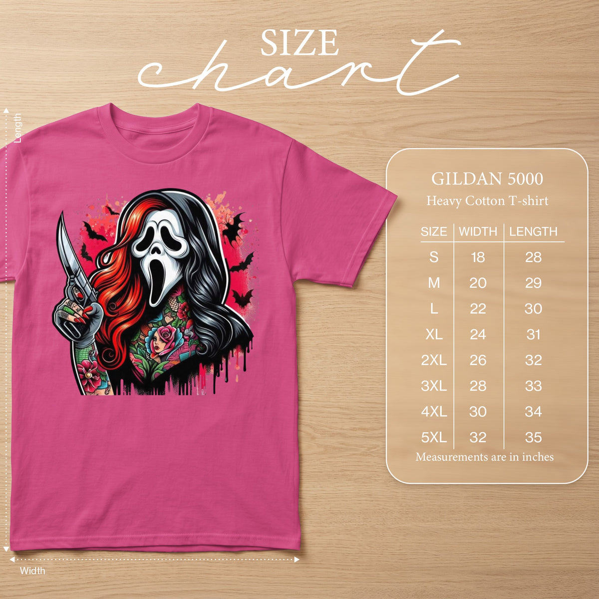Pink t-shirt with Ghostface and tattoos graphic, including size chart.