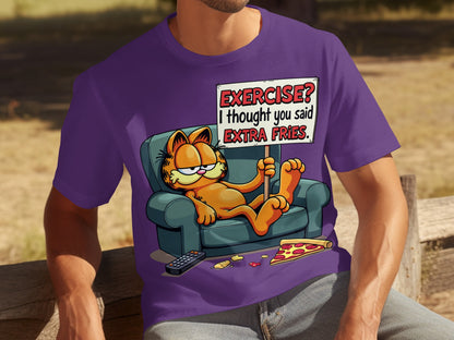 Garfield Exercise Extra Fries Funny Purple Shirt