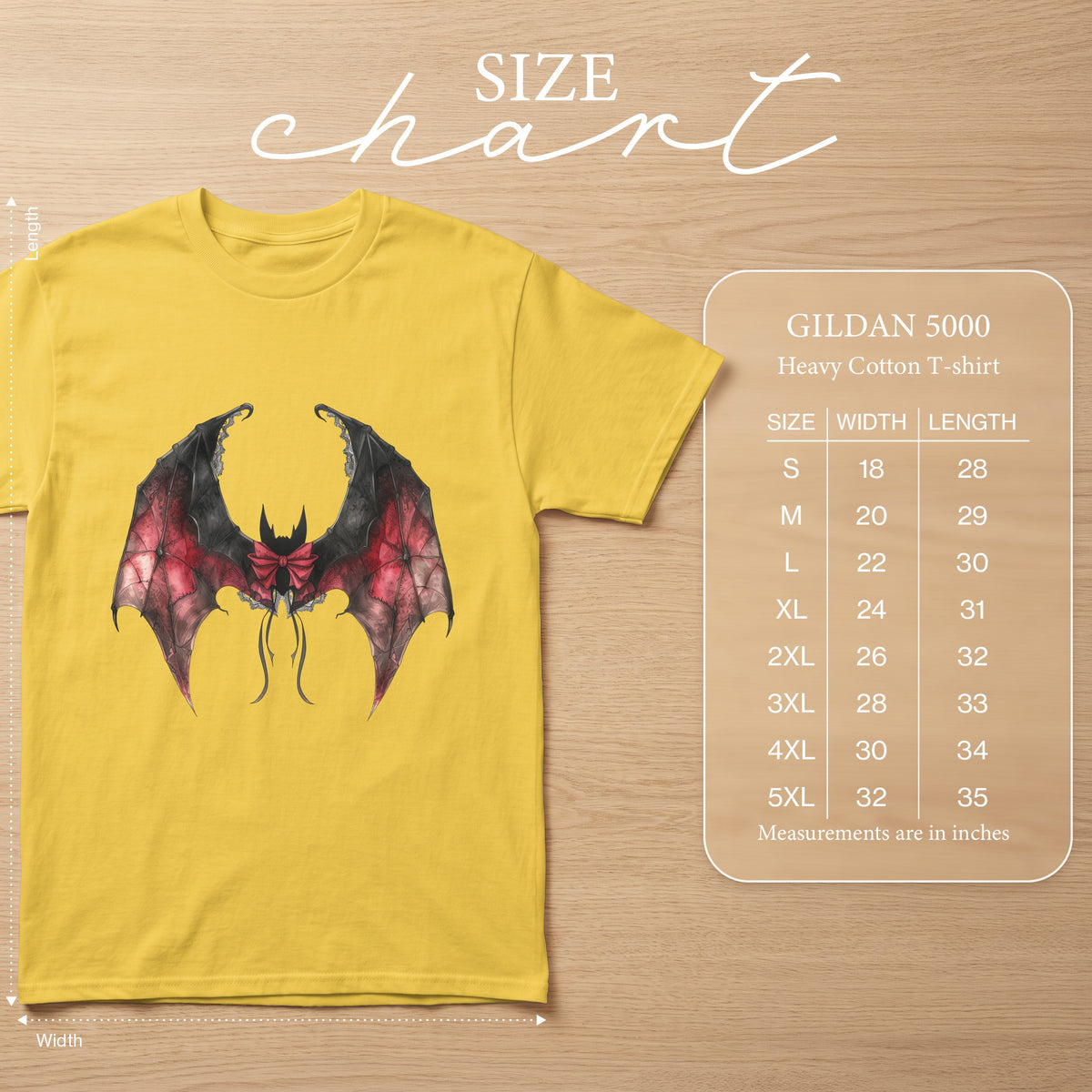 Yellow Gildan 5000 t-shirt with red and black bat graphic and size chart.