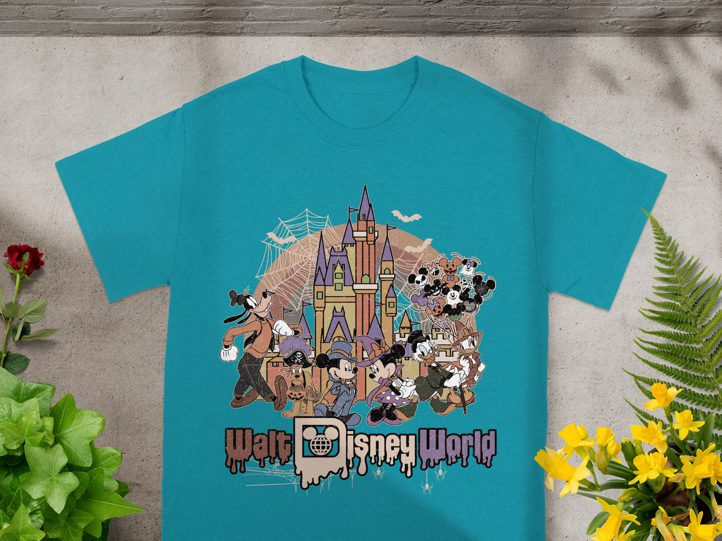 Halloween Walt Disney World t-shirt with castle, characters, and text.