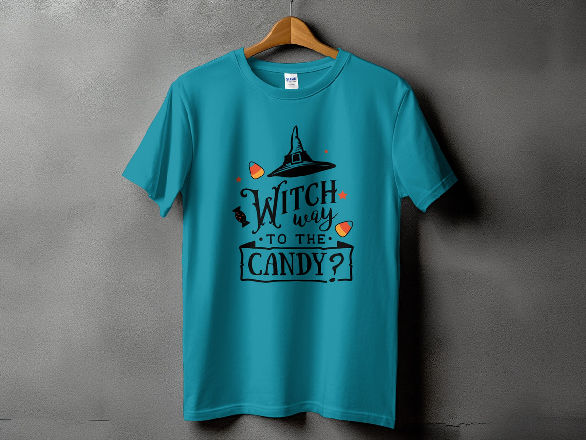 Teal t-shirt with "Witch way to the candy?" Halloween graphic.