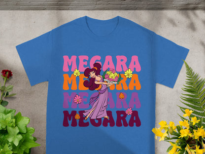 Megara graphic on a blue t-shirt with colorful text.