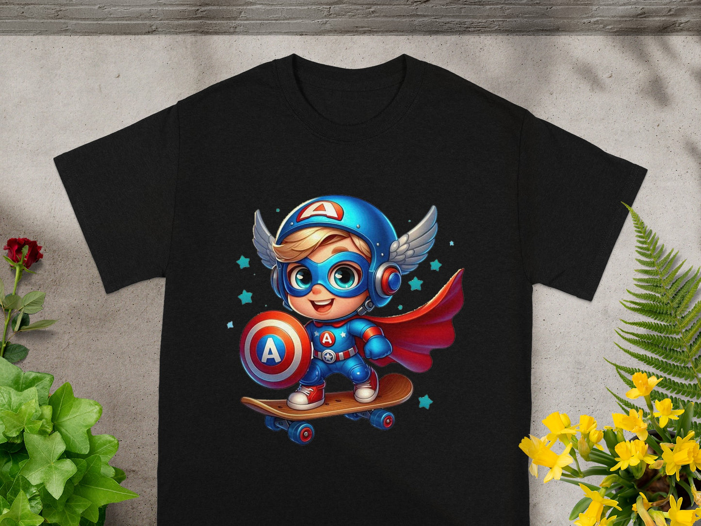 Cartoon superhero child with shield and cape on skateboard.