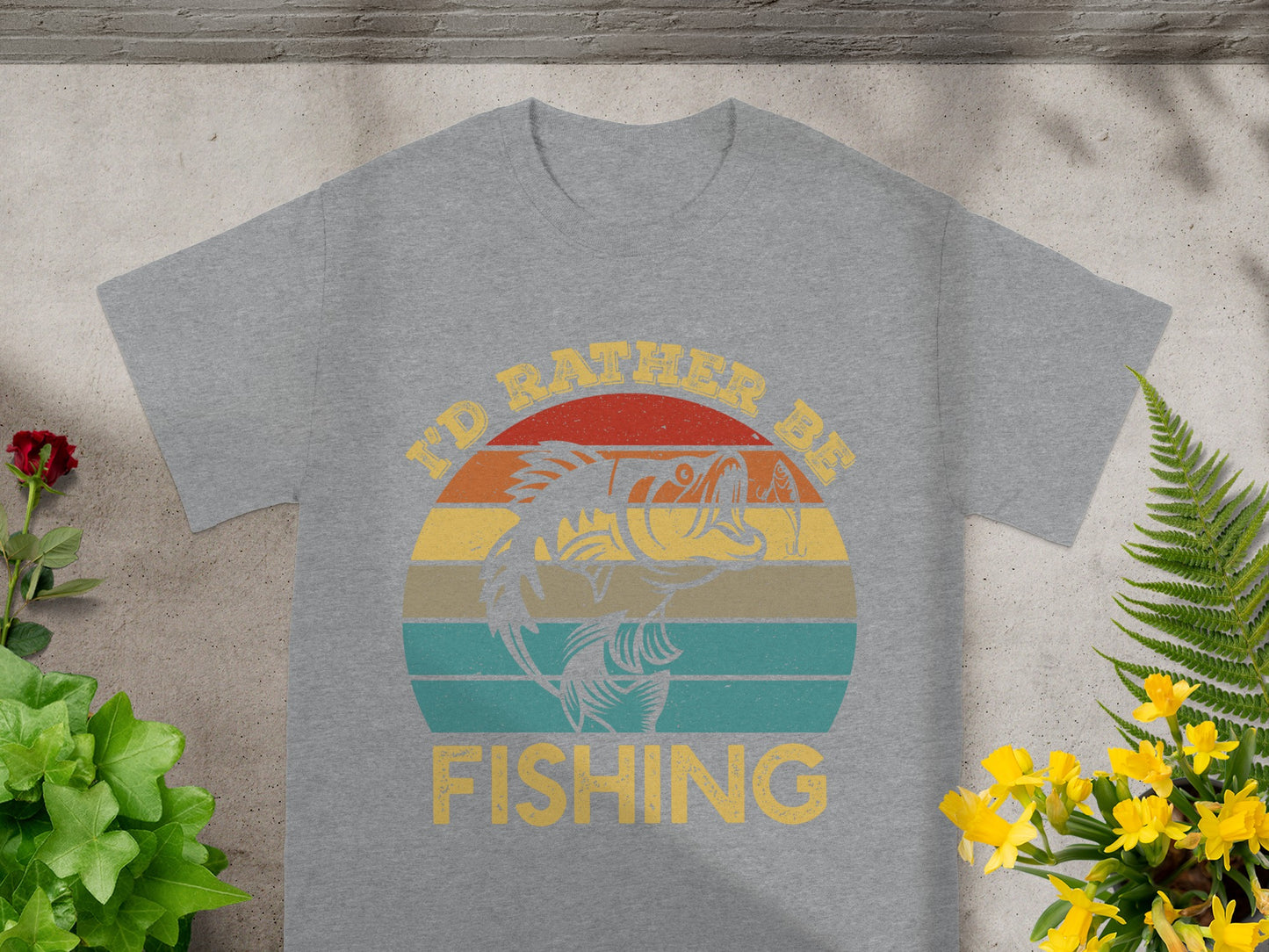 Gray t-shirt with retro graphic of a fish and text "I'd rather be fishing".