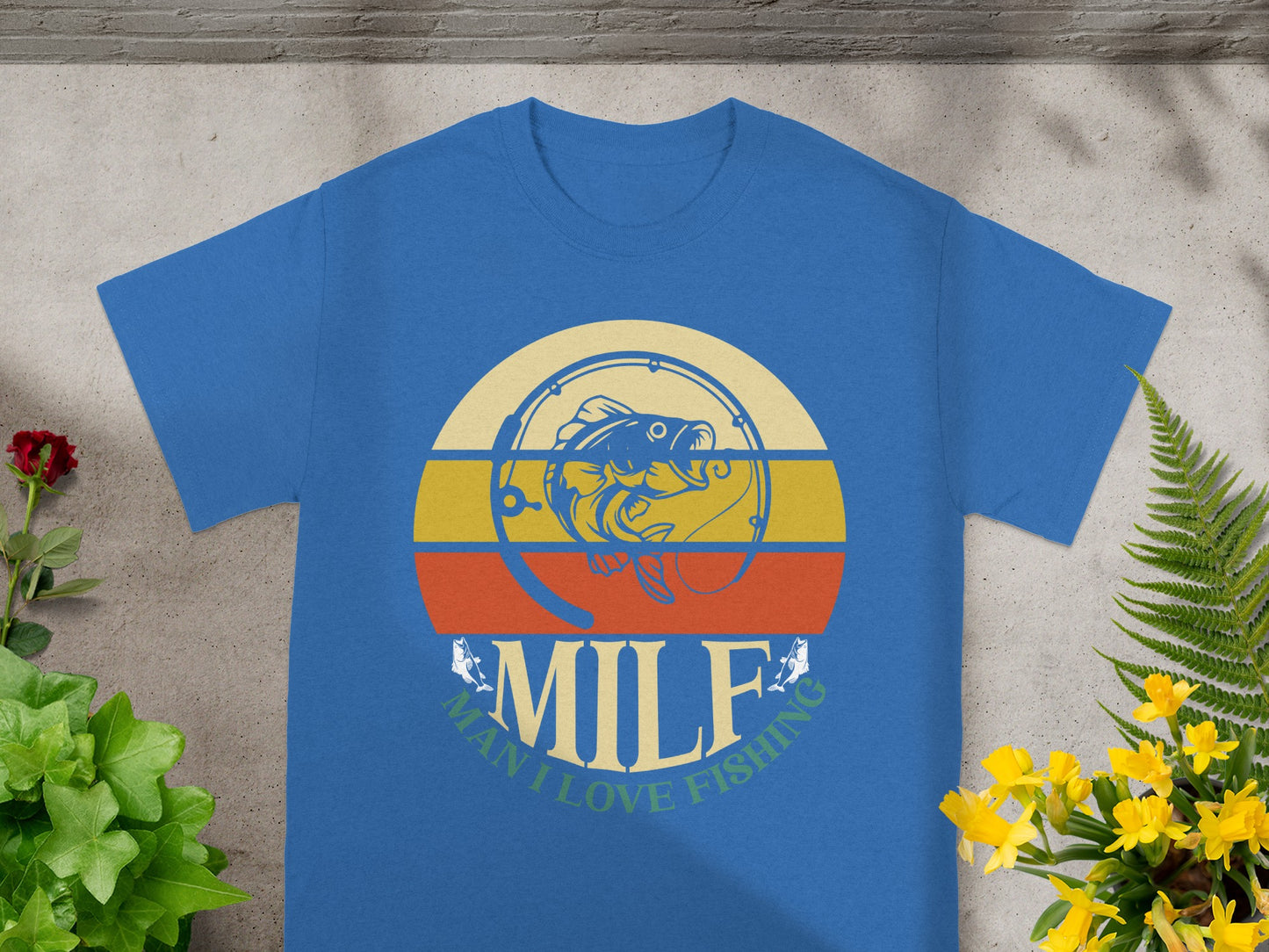 Blue t-shirt with MILF Man I Love Fishing graphic and fish design.