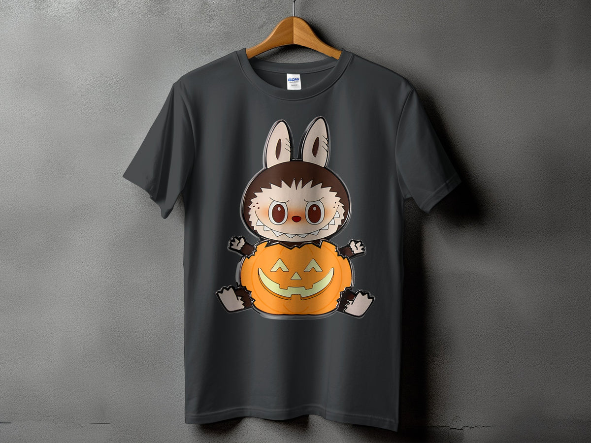 Dark grey t-shirt with a cartoon bunny character sitting inside a jack-o'-lantern.