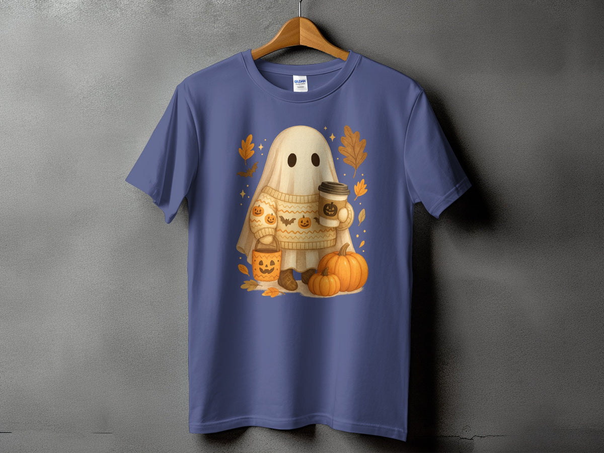 Ghost with pumpkins and coffee on a sweater, surrounded by autumn leaves.