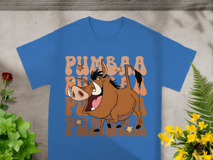 Blue t-shirt with Pumbaa character graphic and "Pumbaa" text.