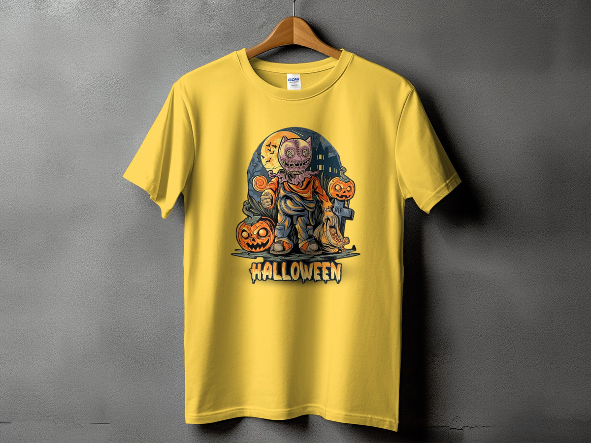 Yellow t-shirt with Halloween graphic featuring a burlap-faced character and pumpkins.