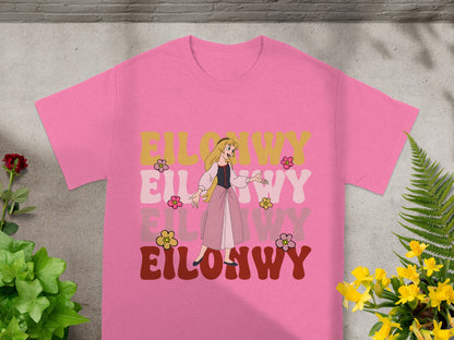 Pink t-shirt with "EILONY" in colorful floral font.