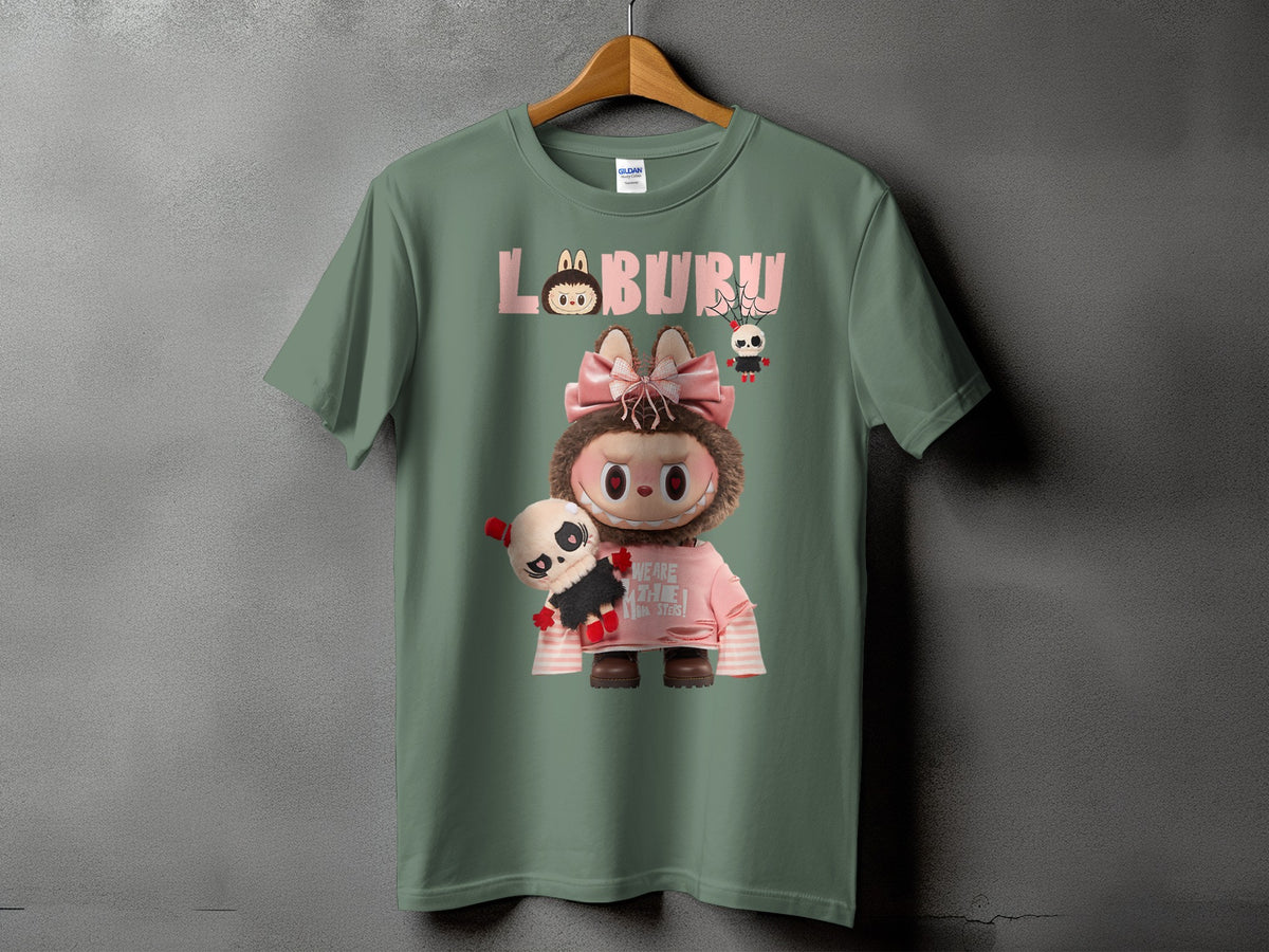 Green t-shirt with "LABURU" text and cute monster characters.