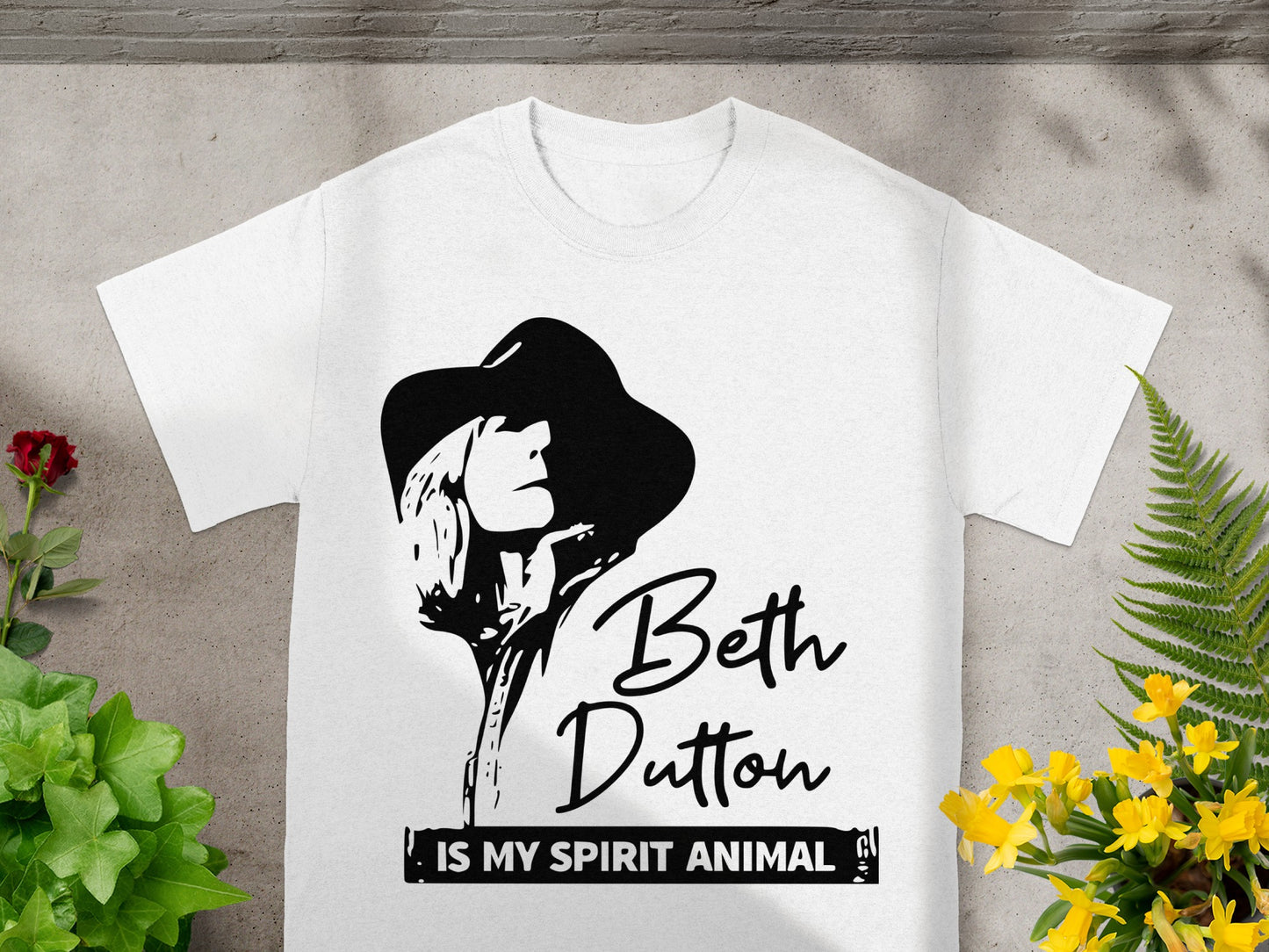 White t-shirt with Beth Dutton graphic and text "IS MY SPIRIT ANIMAL".