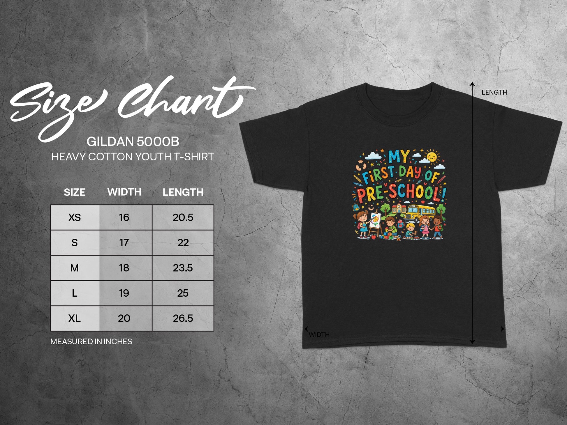 Black youth t-shirt with "My First Day of Pre-School!" graphic and size chart.