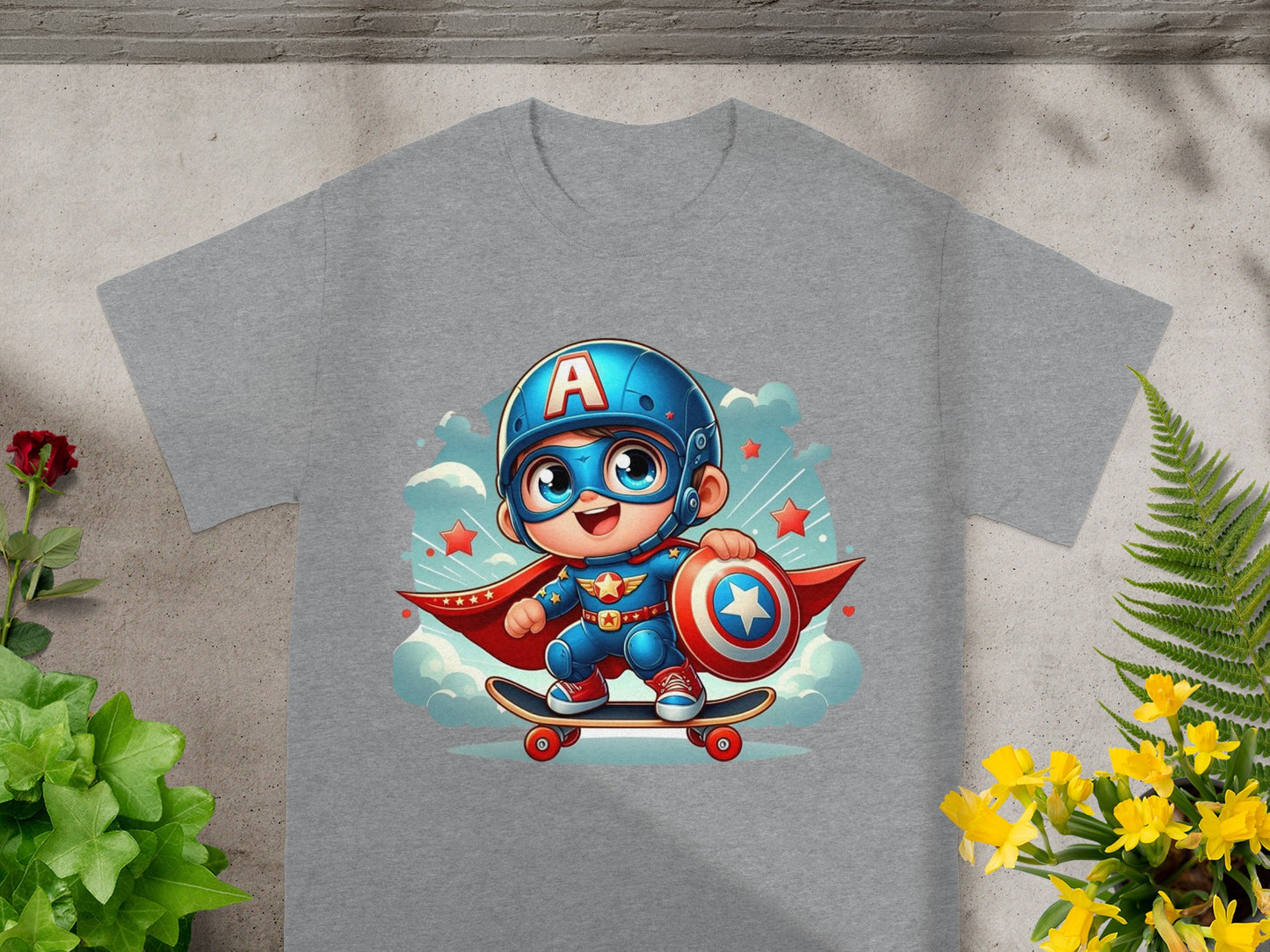 Cartoon superhero child with shield and helmet on skateboard.
