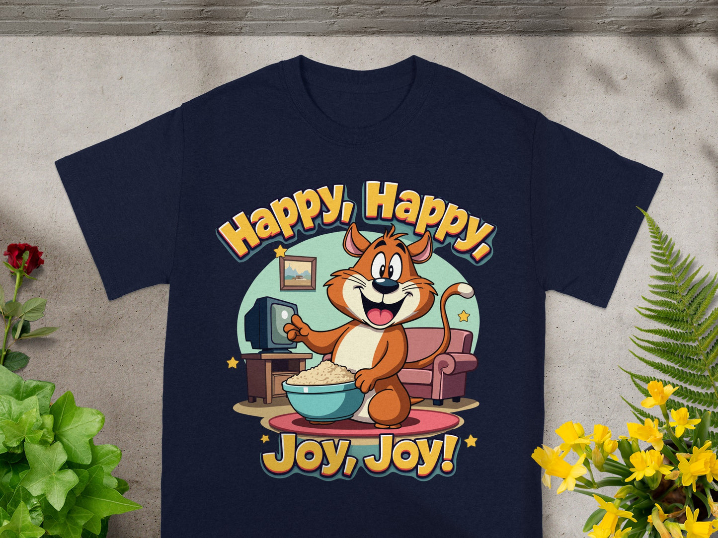 Cartoon cat with popcorn in front of a TV, text "Happy, Happy, Joy, Joy!".