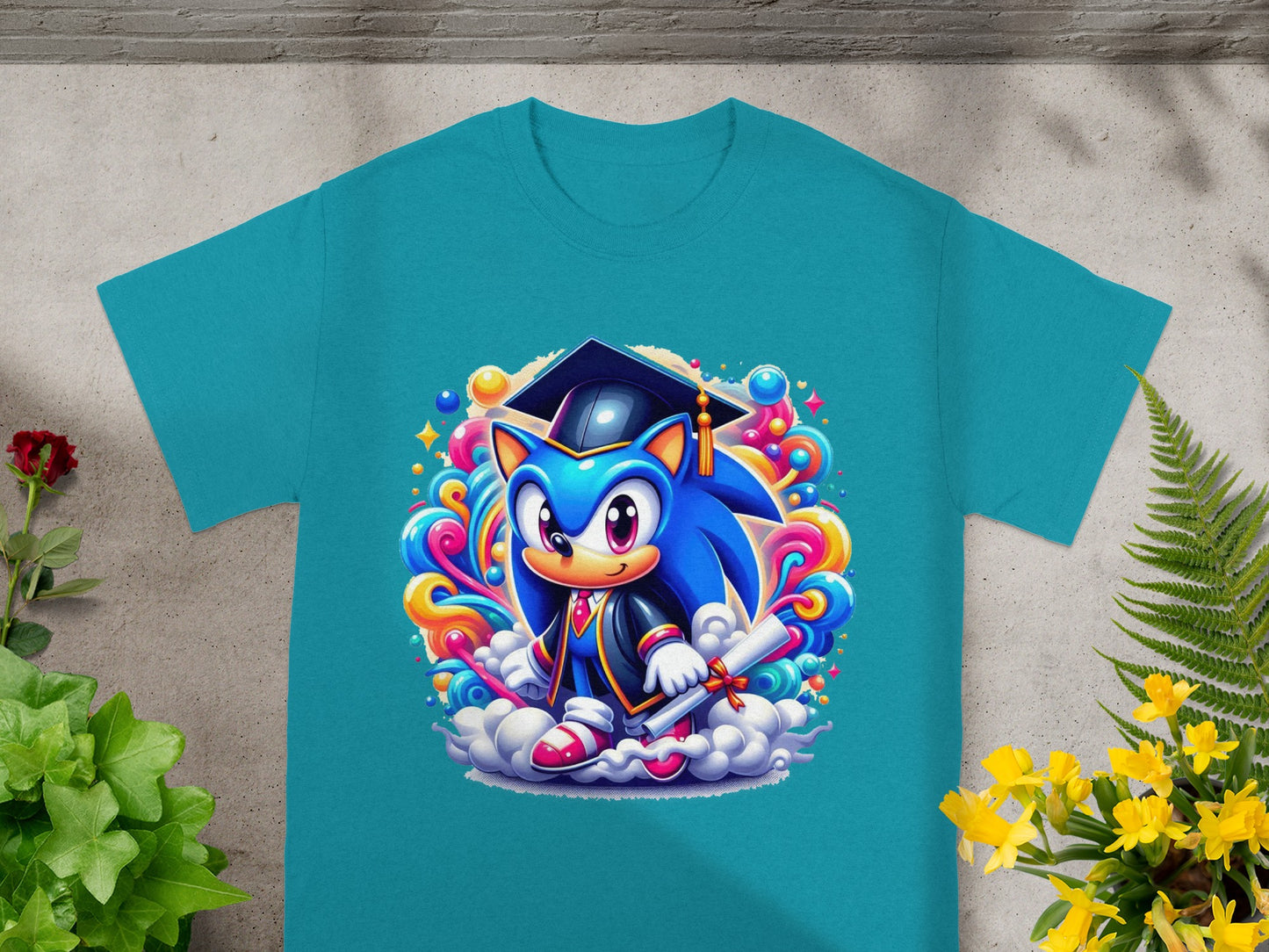 Sonic the Hedgehog in graduation cap and gown holding a diploma.