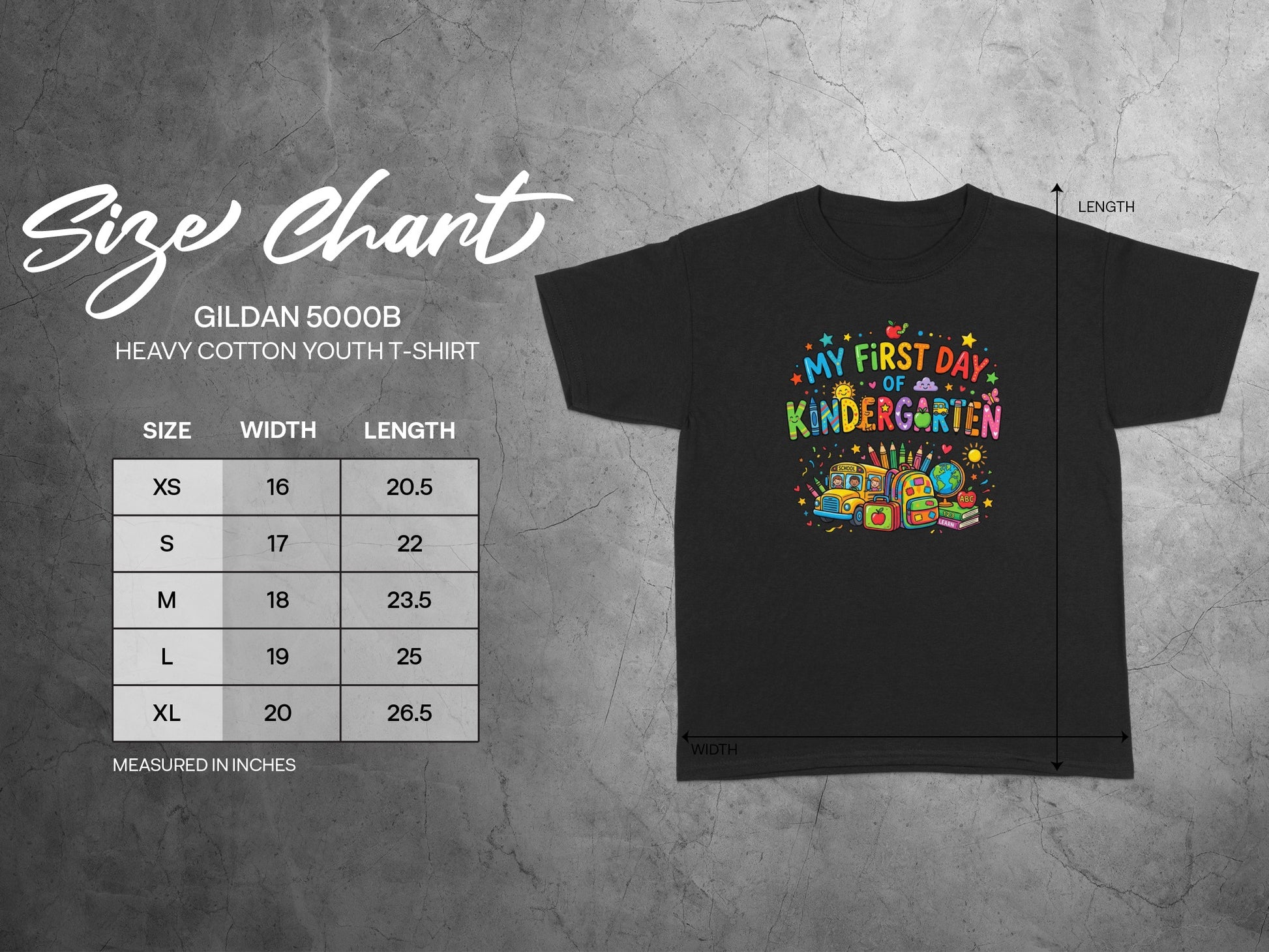 First Day of Kindergarten t-shirt size chart with width and length measurements for youth sizes.