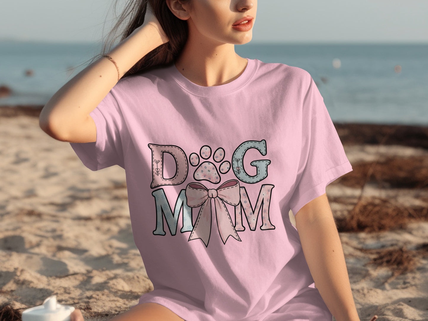 Cute Pink Dog Mom T-Shirt with Bow Design Shirt