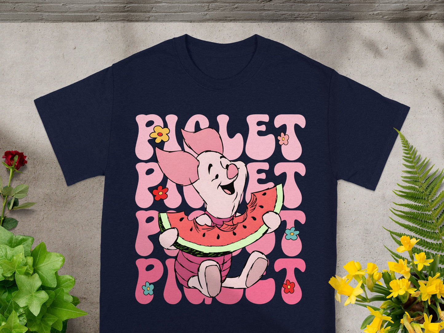 Navy t-shirt with Piglet eating watermelon graphic and "Piglet Piglet" text.