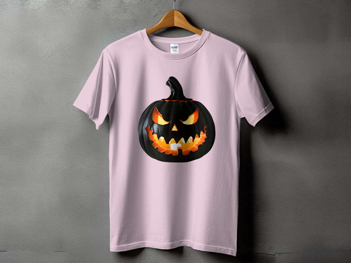 Light pink t-shirt with a black jack-o'-lantern graphic.