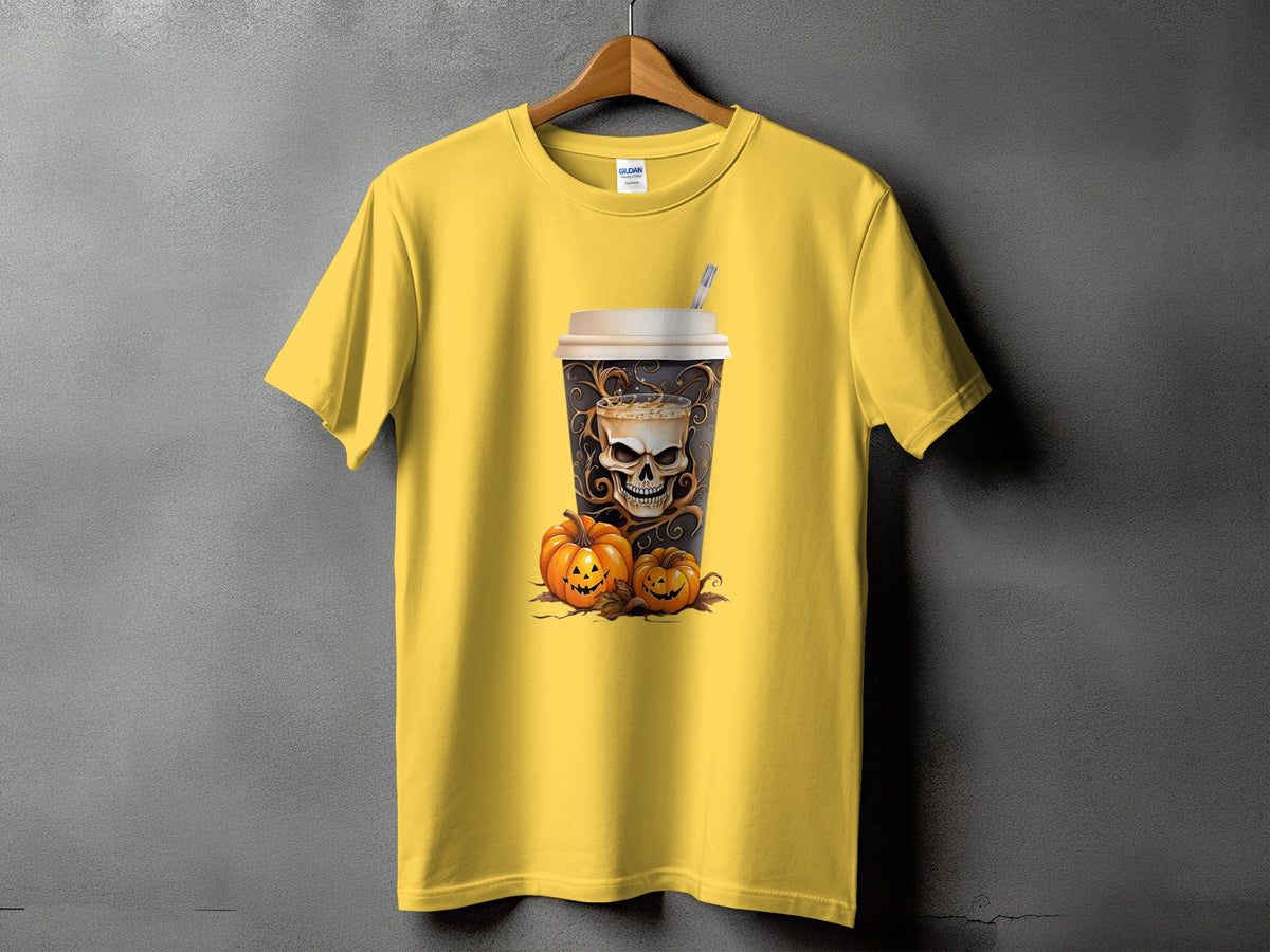 Yellow t-shirt with skull coffee cup and jack-o-lantern pumpkins graphic.