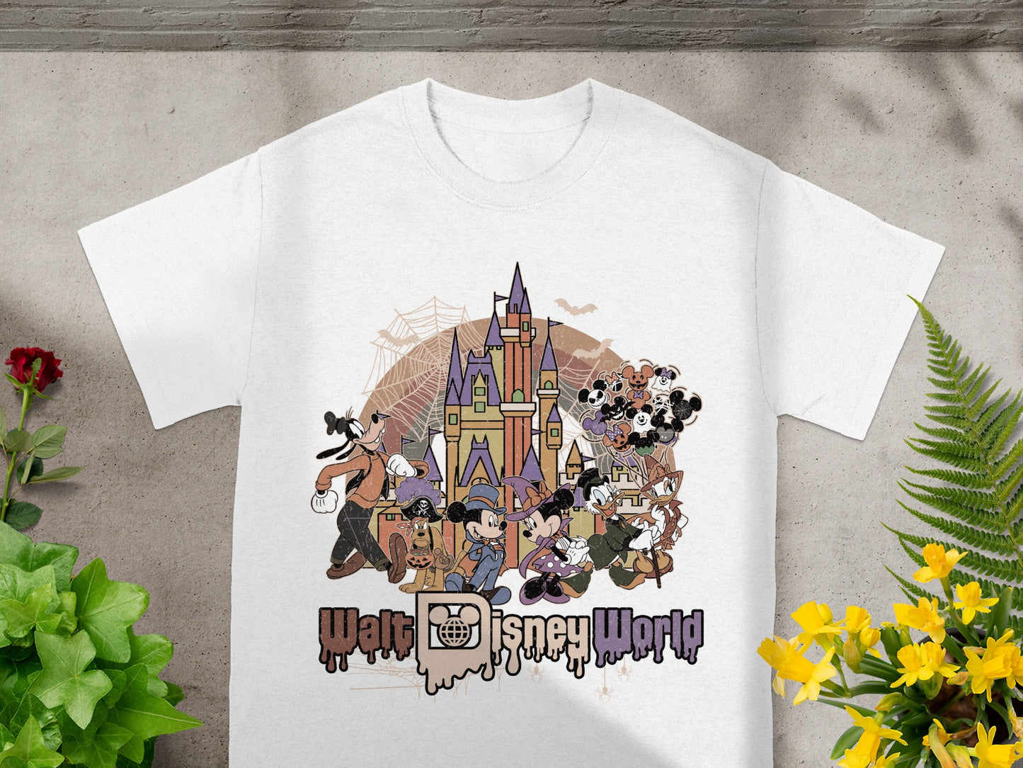 Walt Disney World Halloween graphic with characters and castle.