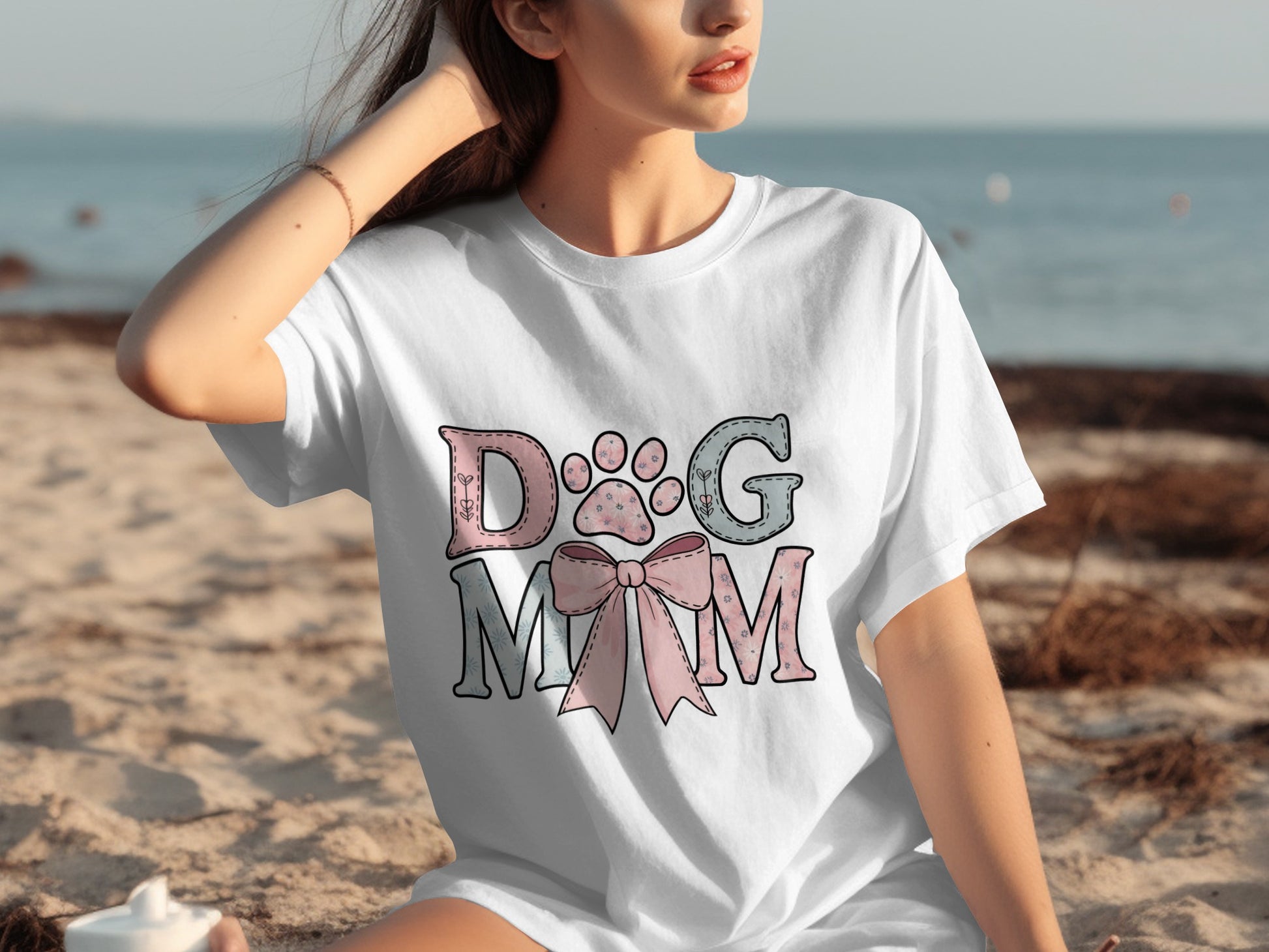 Dog Mom Graphic Tee with Pink Bow and Paw Print Design