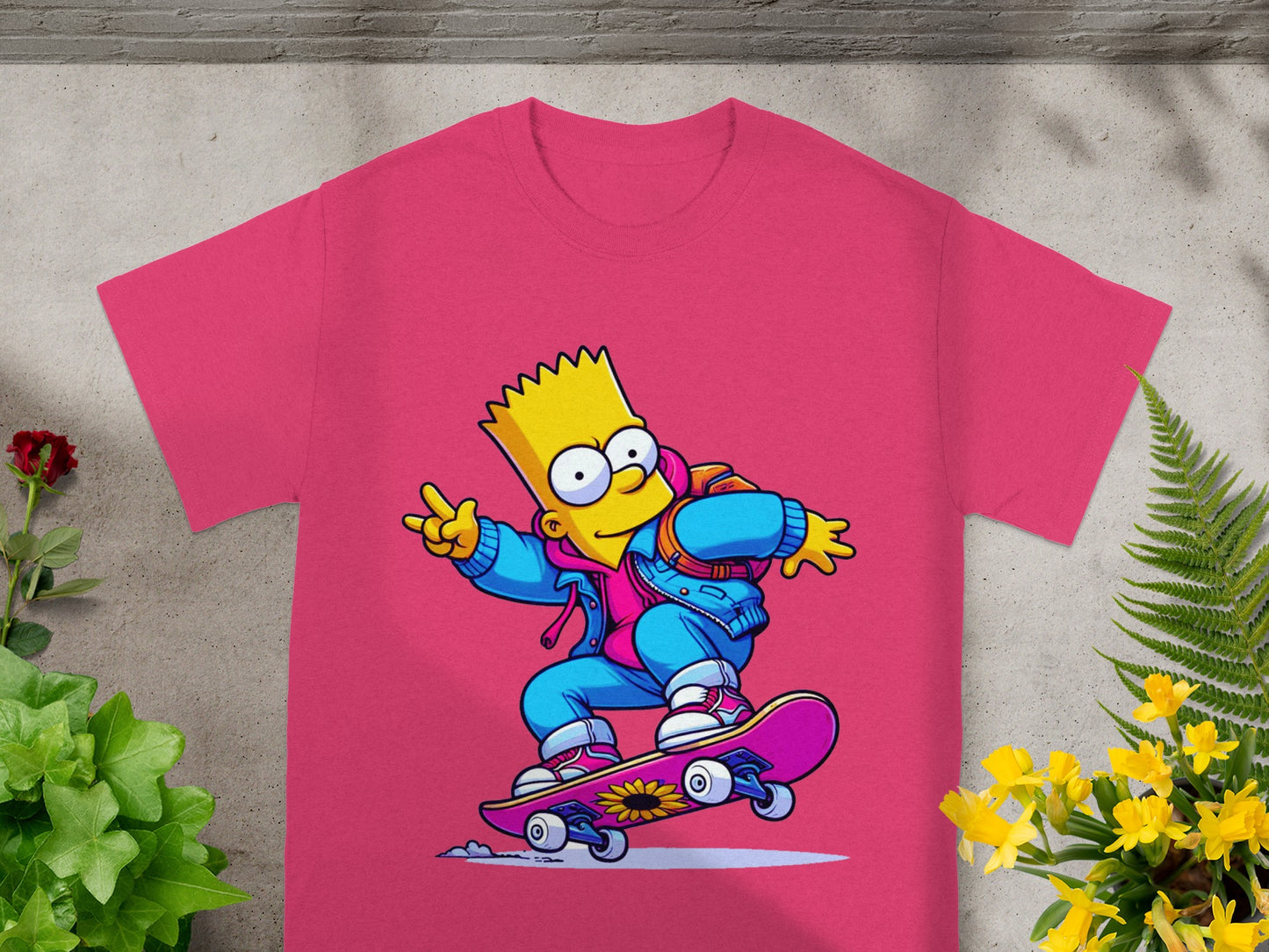 Bart Simpson on a skateboard, wearing a pink t-shirt and blue jacket.