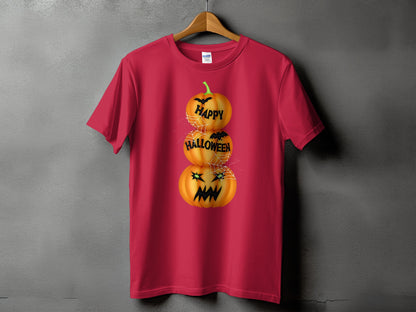 Red t-shirt with stacked Halloween pumpkins and bats graphic.