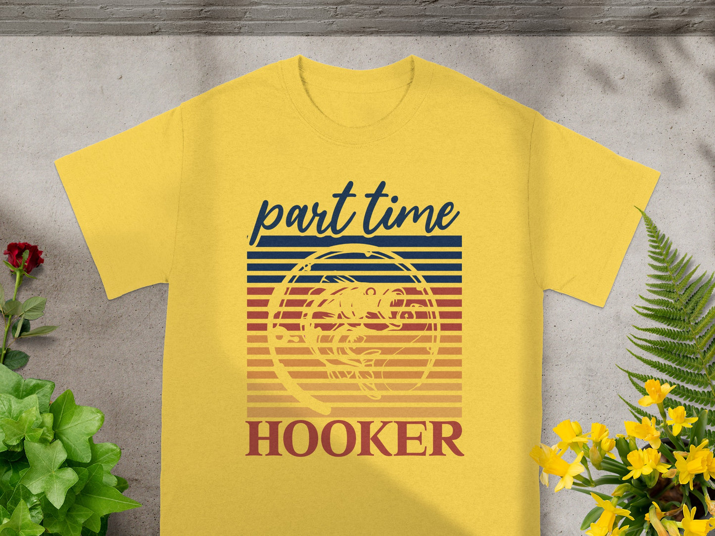 Yellow t-shirt with "part time HOOKER" text and a fish graphic.