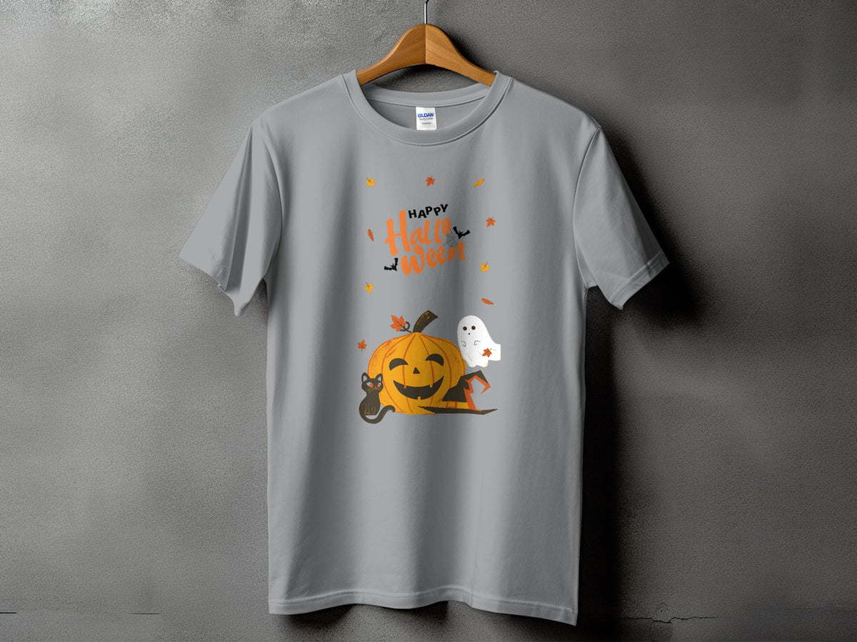 Grey t-shirt with "Happy Halloween" text, pumpkin, ghost, cat, and hat graphic.