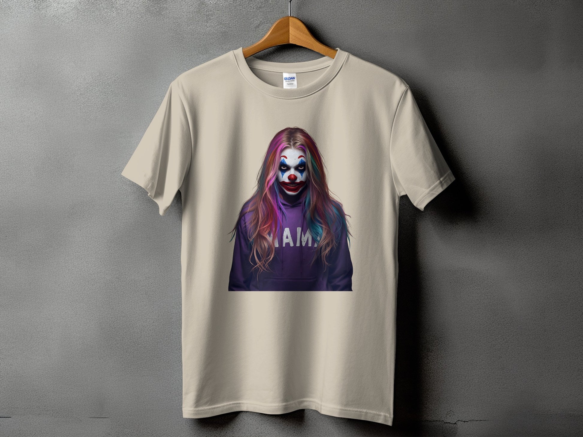 T-shirt with clown graphic wearing a purple hoodie with "AMA" text.