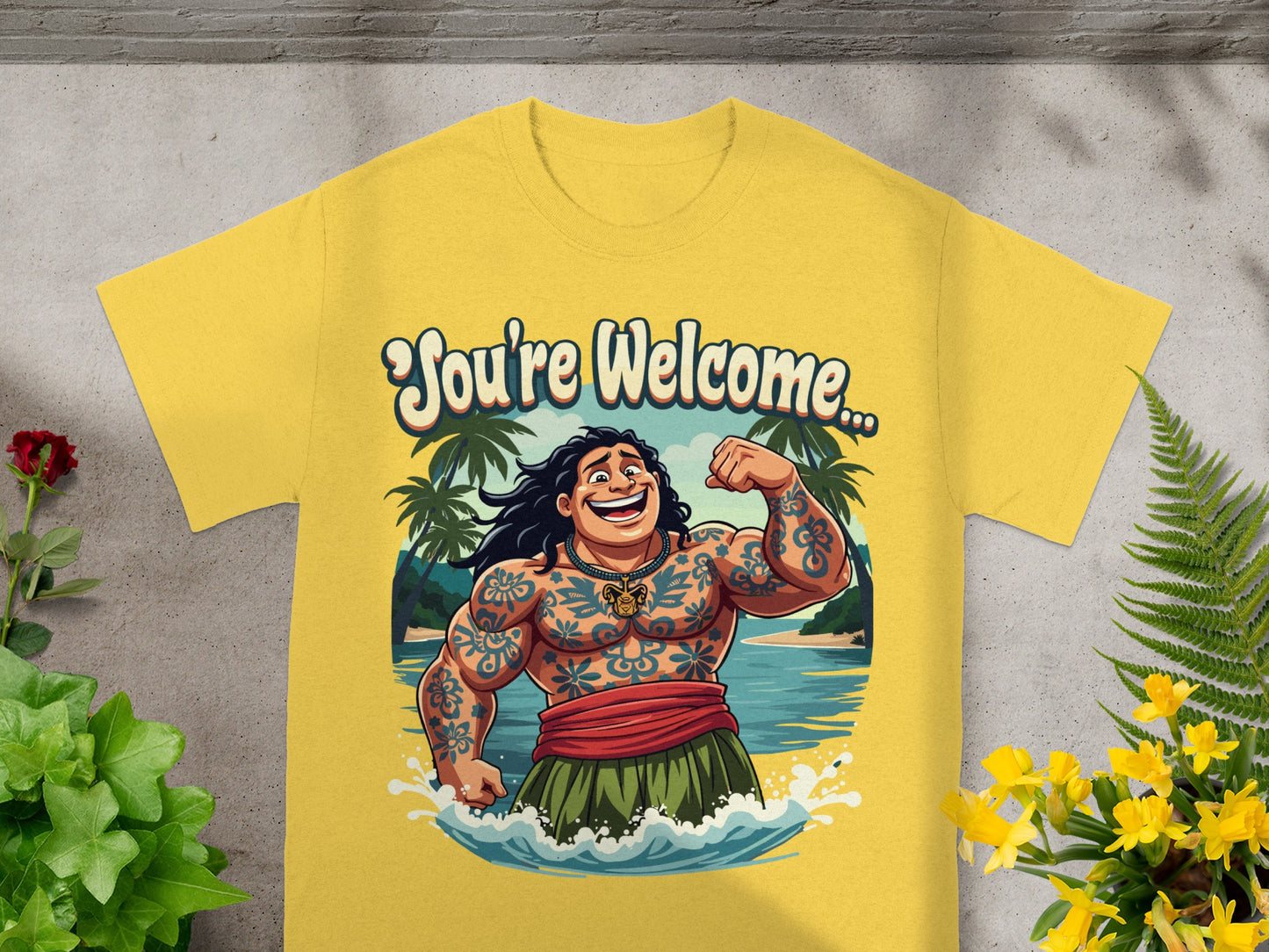 T-shirt with cartoon character saying "You're Welcome" on tropical beach.