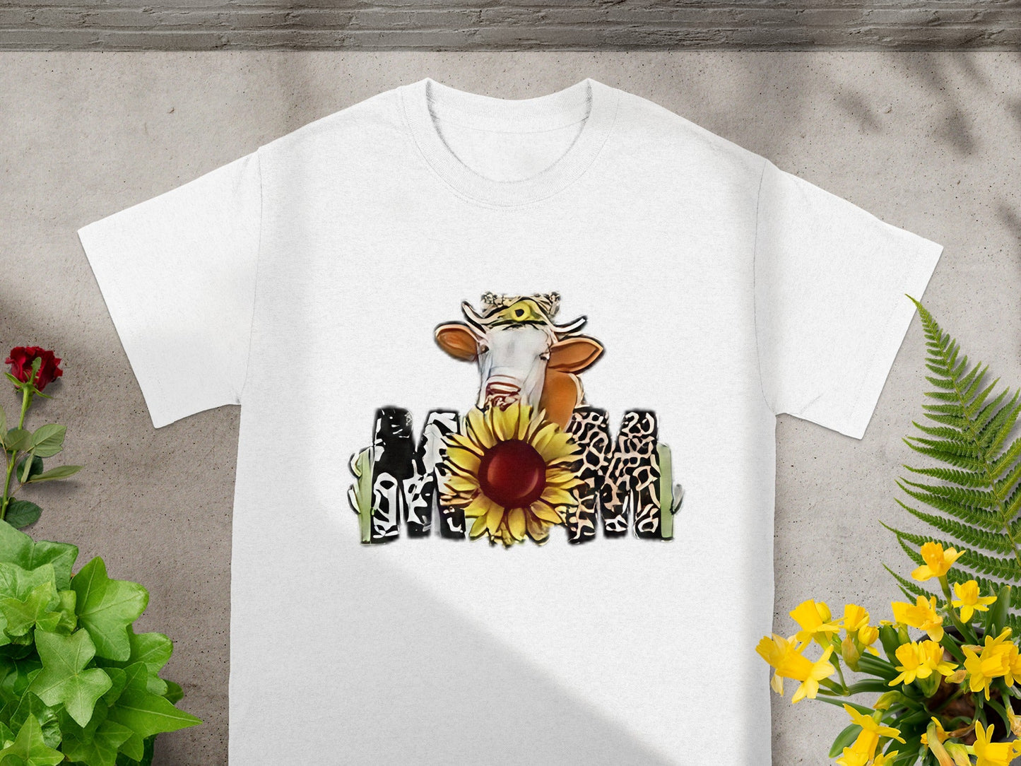 Cute Cow Sunflower and Leopard Print MOM Shirt