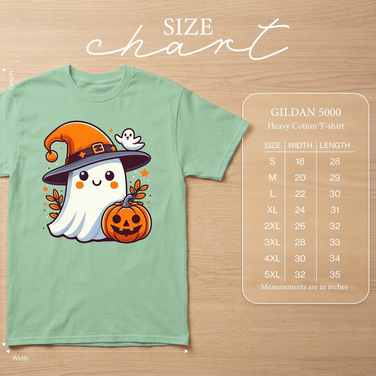 Light green Gildan 5000 t-shirt with a cute ghost wearing a witch hat and holding a pumpkin.