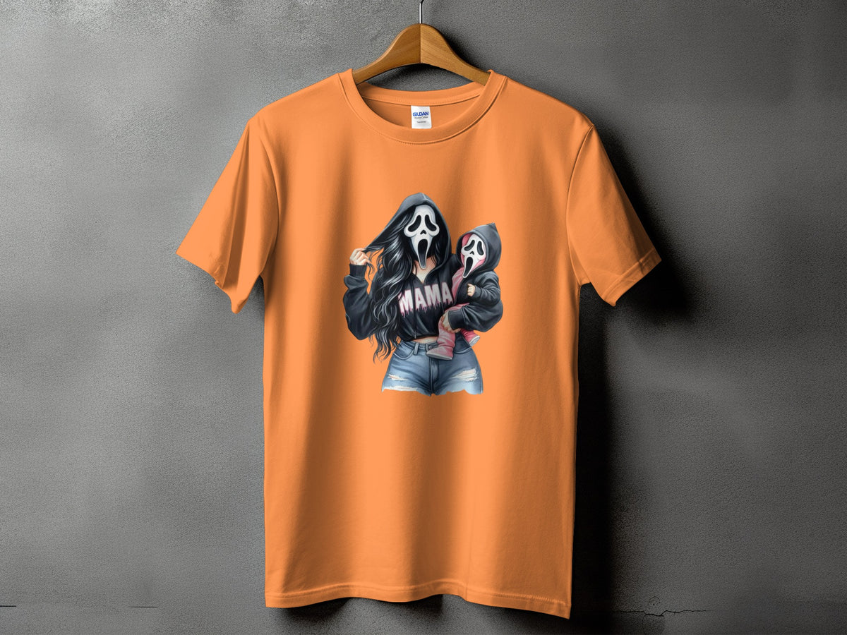 Orange t-shirt with graphic of two figures in Scream masks, one holding the other.